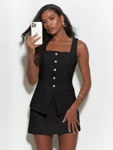 Square Neck Button Vest & Mini Skirt Co-Ord Set